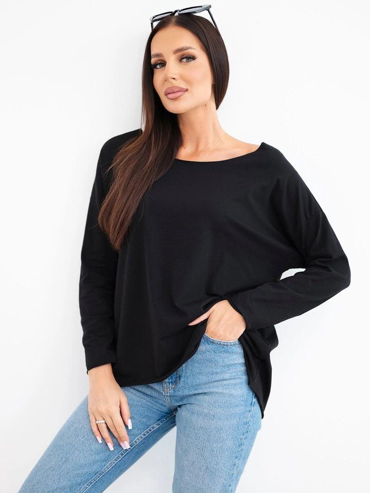 Damen Baumwollbluse mit lockerem Schnitt und verlängertem Rücken schwarz