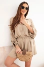 Women's viscose set: shirt with buttons and loose shorts camel