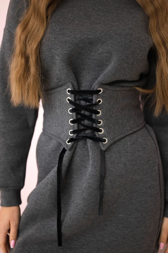 Insulated dress with a decorative belt graphite