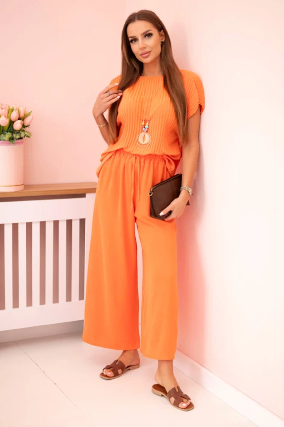 Viskose-Set plissierte Bluse + Hose orange