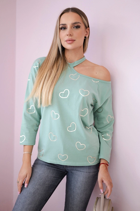 Blouse with a print of hearts dark mint