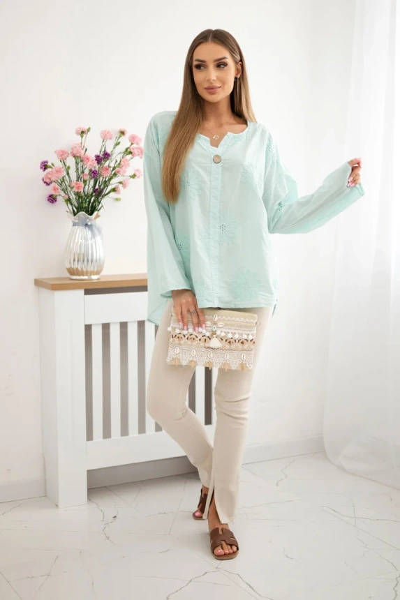 Hemdbluse mit gesticktem Muster Minze