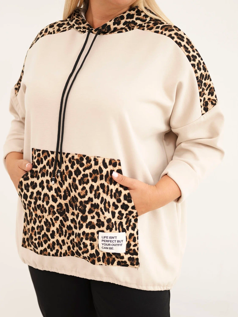 Plus Size women's viscose hoodie with leopard print inserts beige