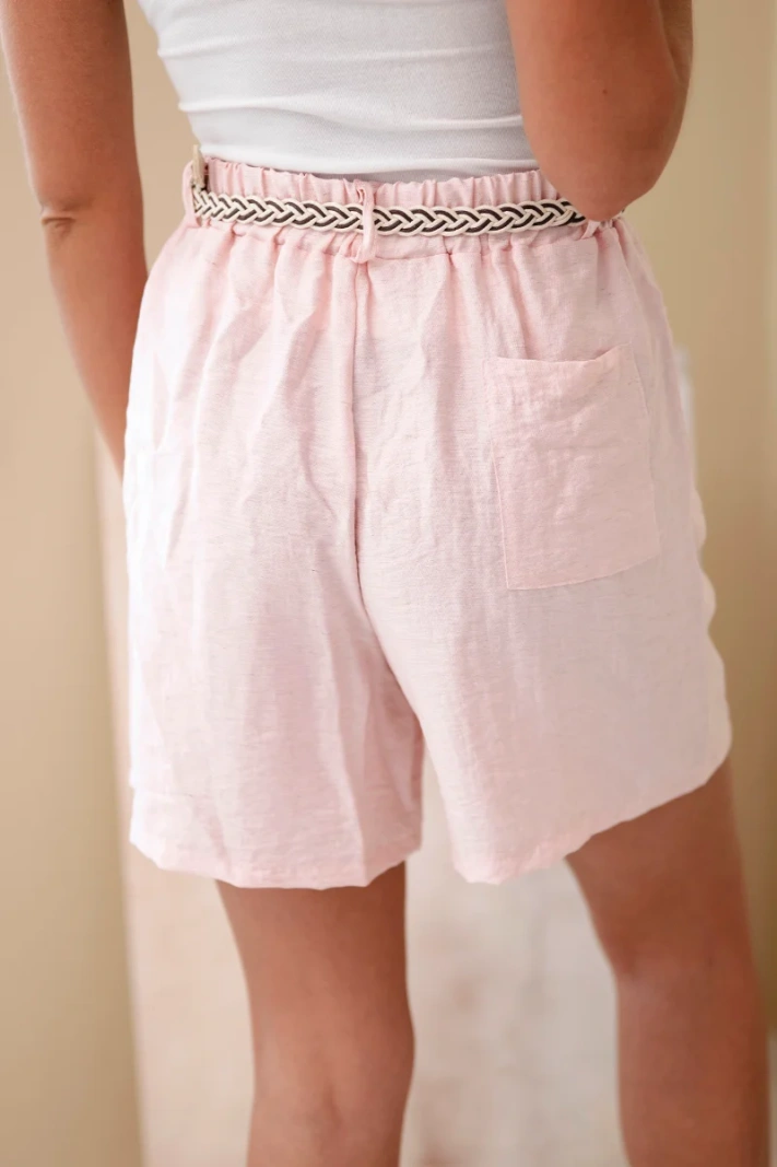 Damen-Shorts mit Leinenanteil und geflochtenem Gürtel Puderrosa