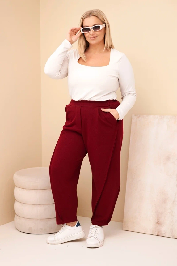 Plus Size loose-fit women's cotton pants high-waisted burgundy