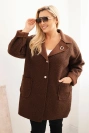 Moteriškas paltas Plus Size avikailis su vilna ir kišenėmis šokoladinis