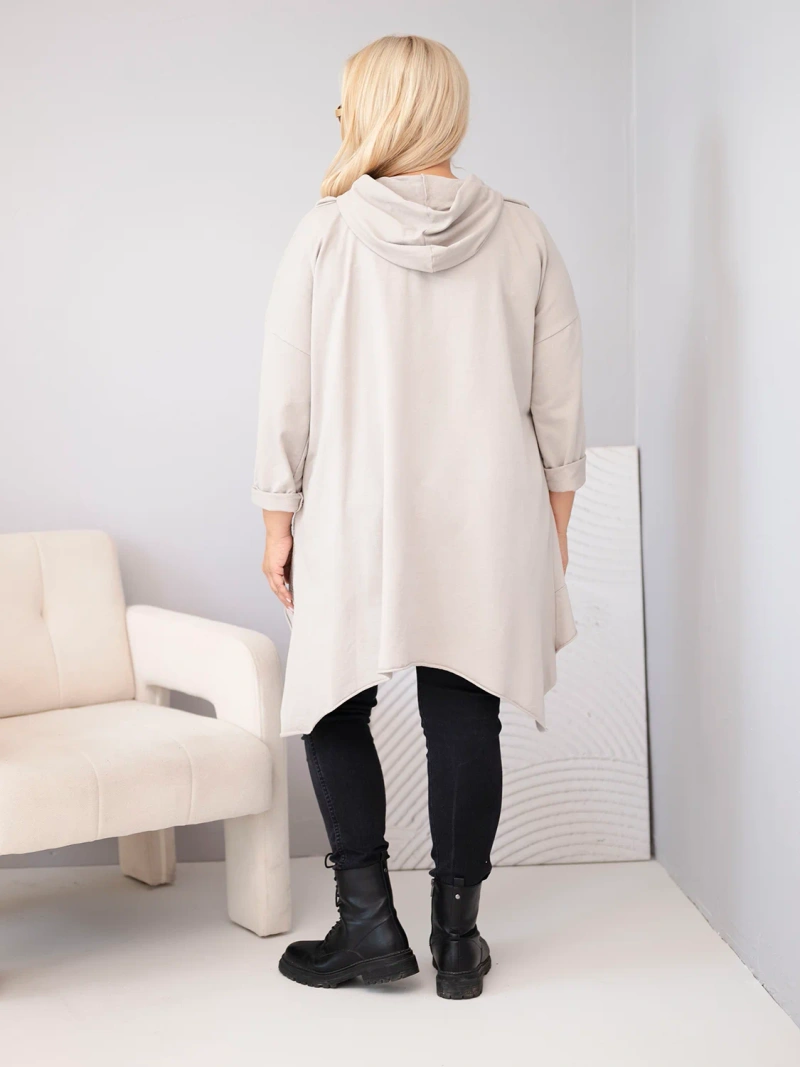 Bluza damska bawełniana Plus Size z kapturem i plecioną wstawką beżowa