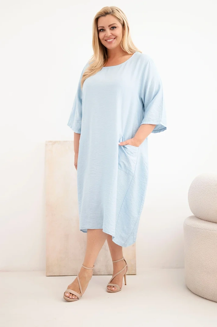Dámské šaty Plus Size z viskózy s kapsami krátký rukáv modrá