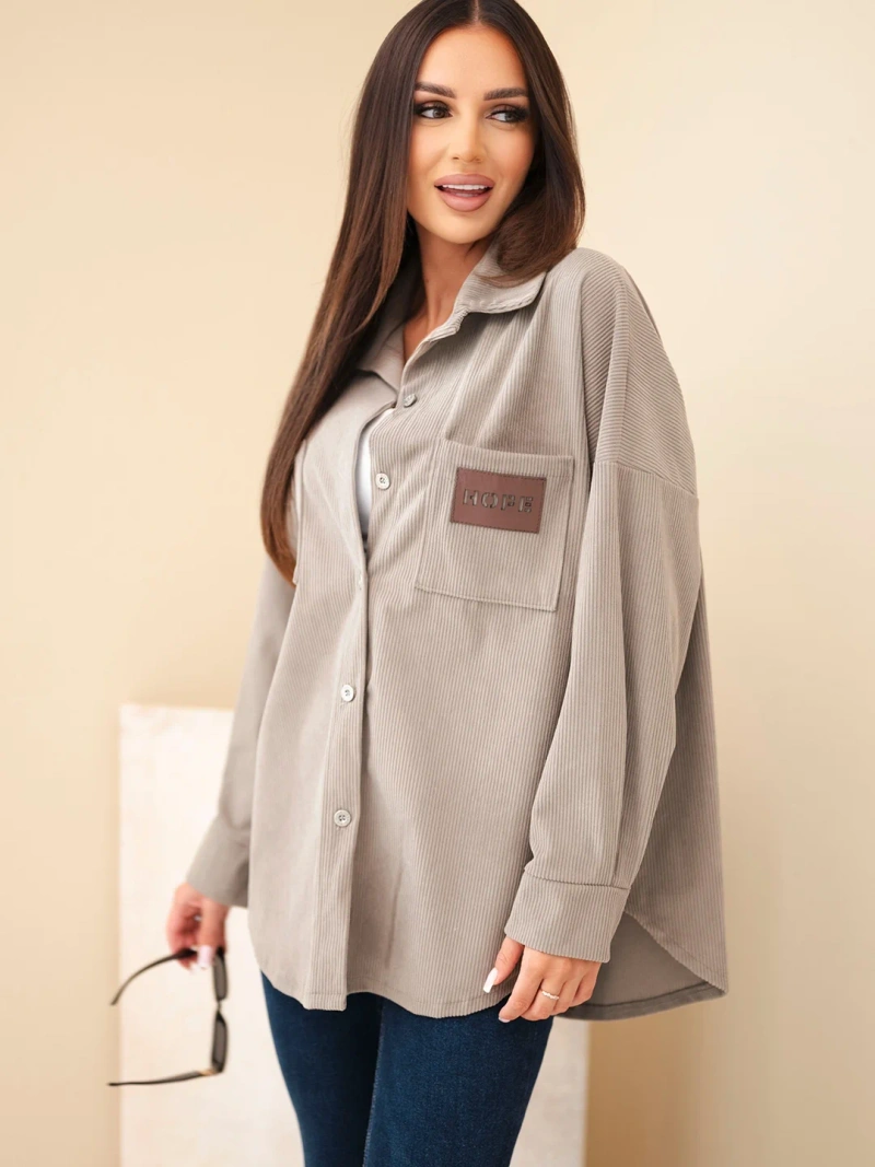 Women’s oversized corduroy cotton shirt with pockets and long sleeves fango green