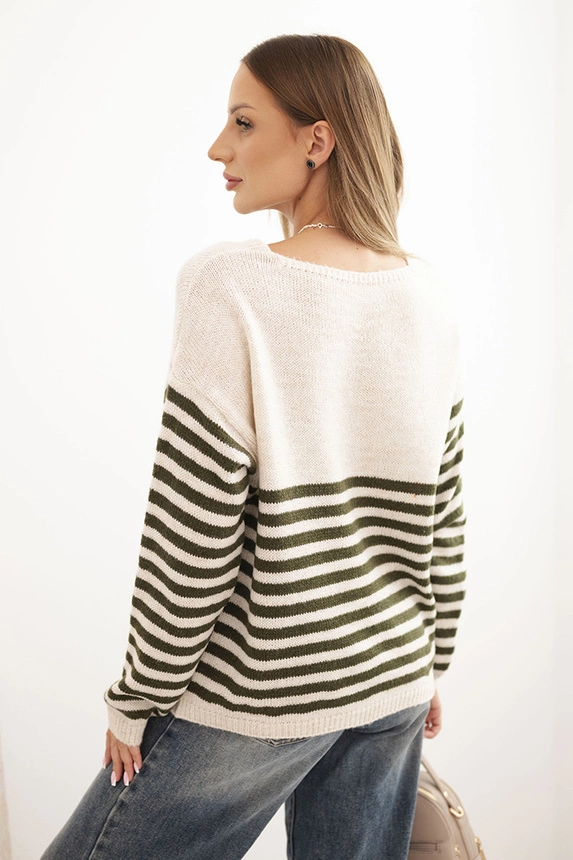 Women's striped sweater with a heart, mohair, and V-neck khaki