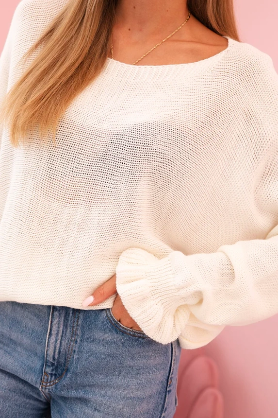 Damenpullover aus Mohair mit gerafften Ärmeln und Rückenausschnitt ecru