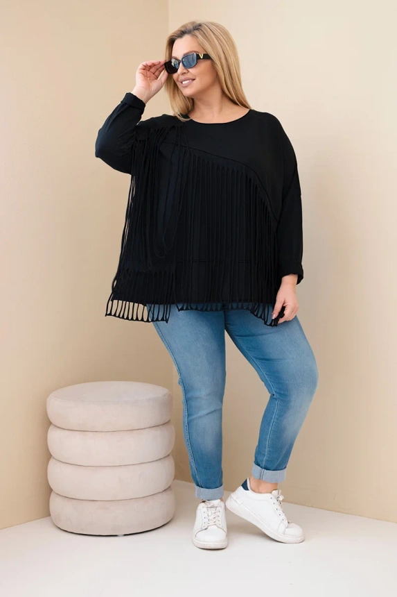 Dámská bavlněná blůza Plus Size s třásněmi černá