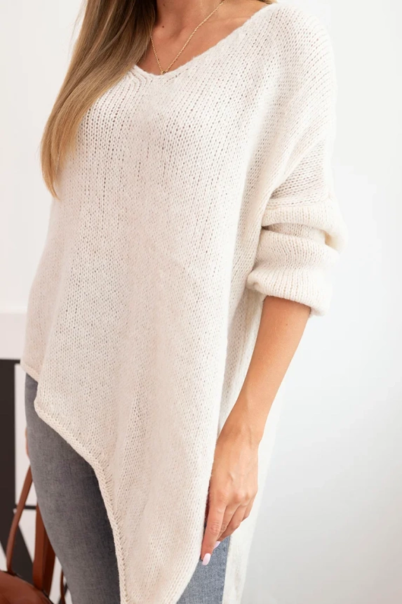 Women's asymmetrical wool sweater Plus Size with V-neck light beige