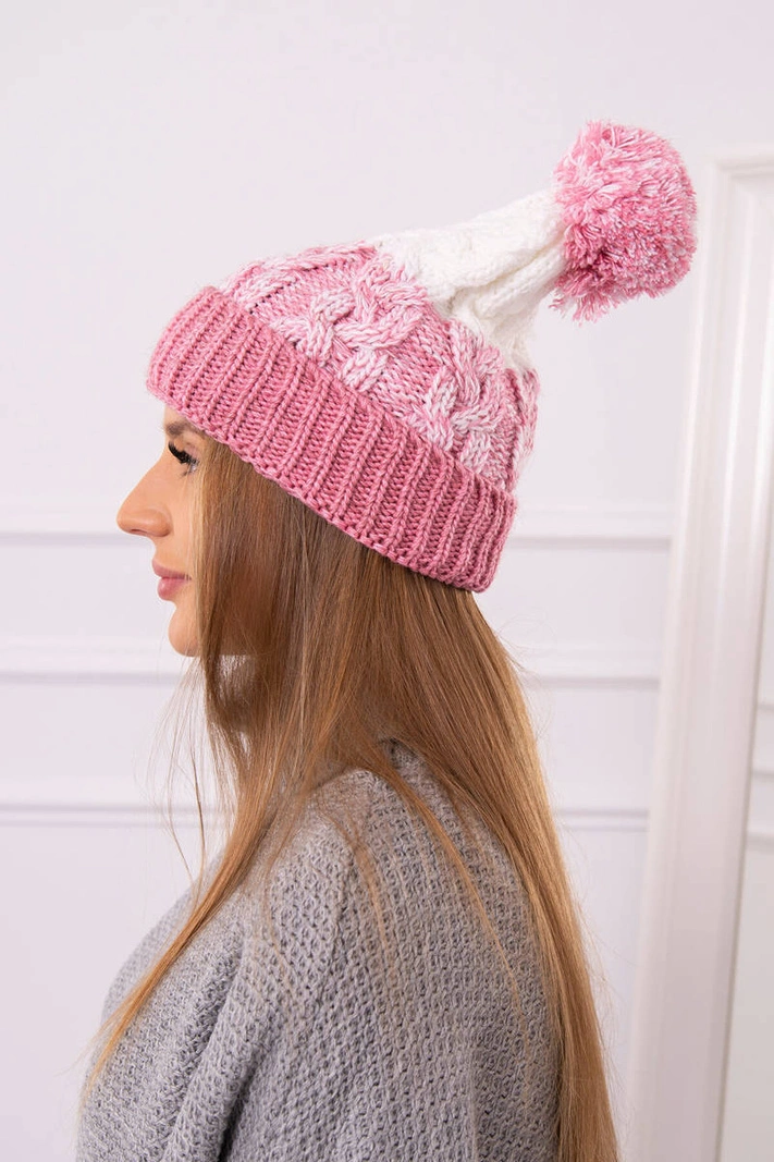 Moteriška kepurė su pomponu Abigail K326 powder pink+ecru