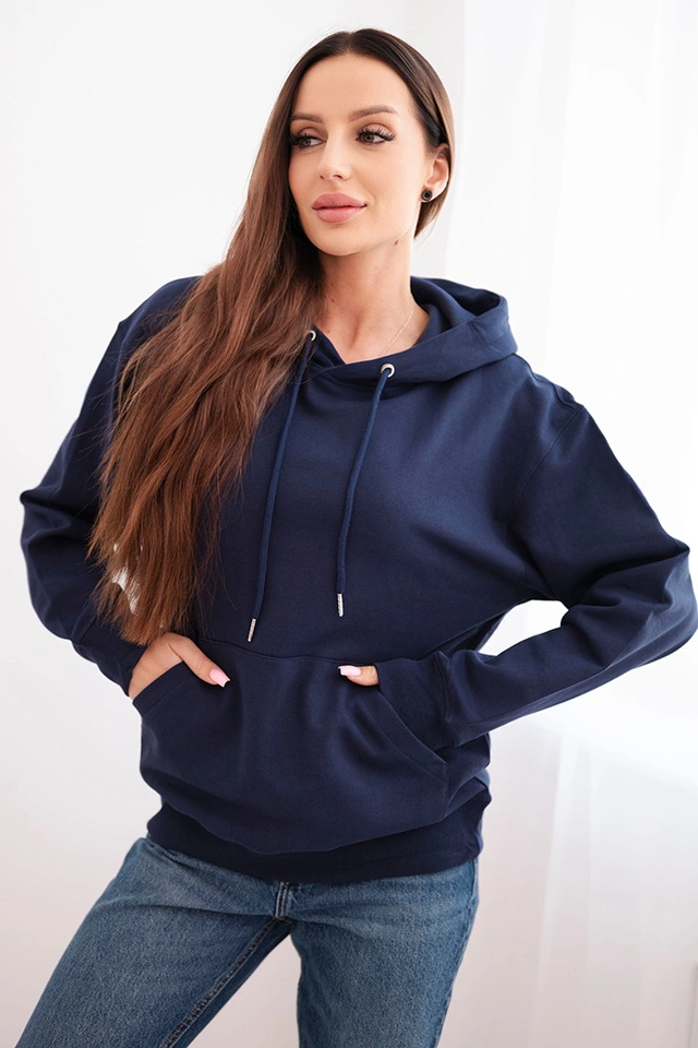 Damenpullover aus Baumwolle mit Kapuze und Kängurutasche blau