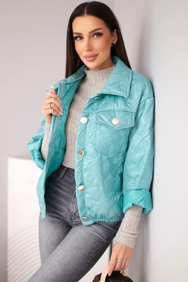 Women's spring quilted jacket with floral pattern dark mint