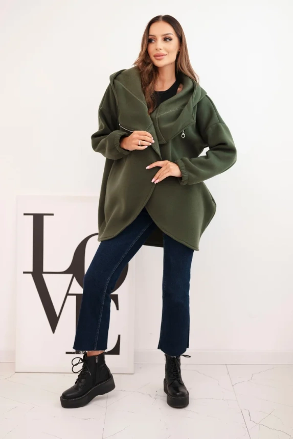 Damenpullover mit Kapuze und asymmetrischem Reißverschluss khaki