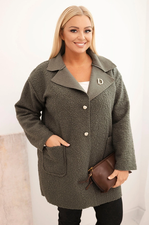 Moteriškas paltas Plus Size avikailis su vilna ir kišenėmis šviesiai khaki