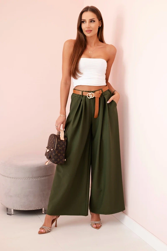 Pants with a belt and wide legs - khaki