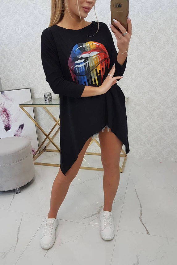 Blouse oversize with rainbow lips print black