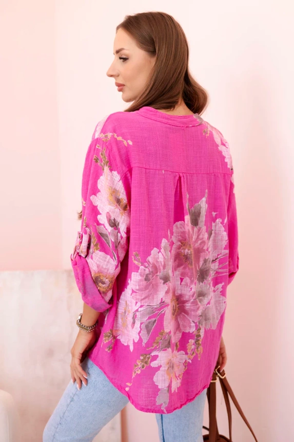Women's cotton blouse with a floral pattern and buttons pink