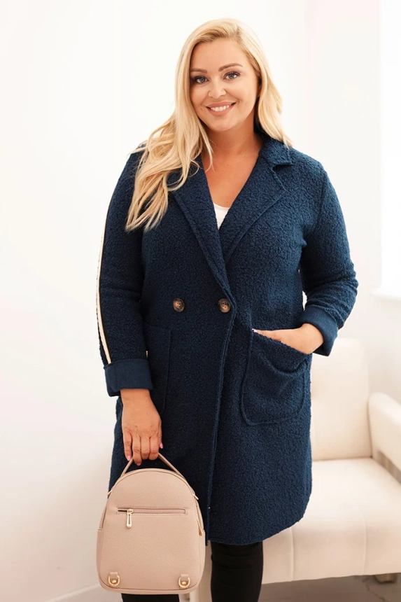 Dámský kabát Plus Size z umělé beránkové tkaniny s kapsami tmavě džínový