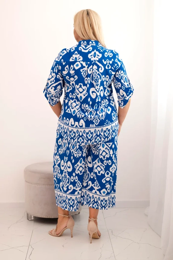 Dámská plus size viskózová souprava s geometrickým potiskem chrpová modrá