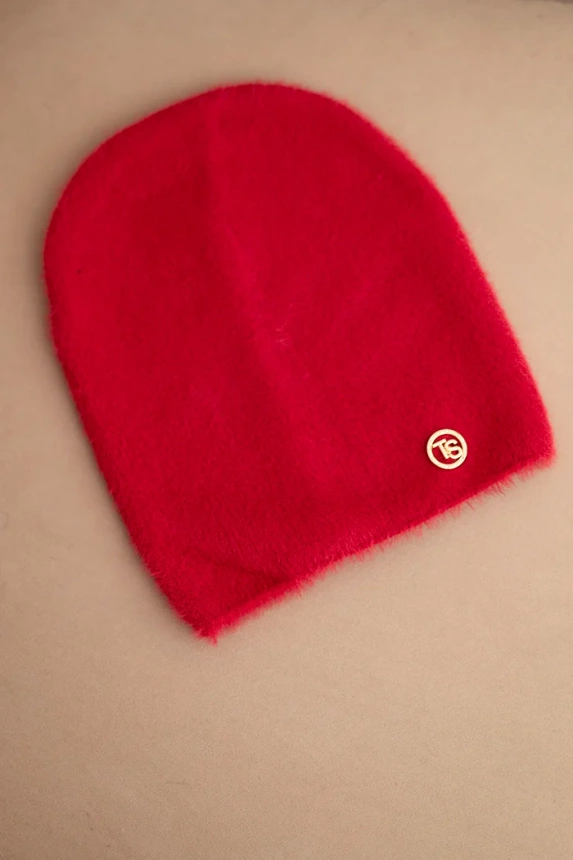 Classic women's alpaca hat with decorative plaque raspberry
