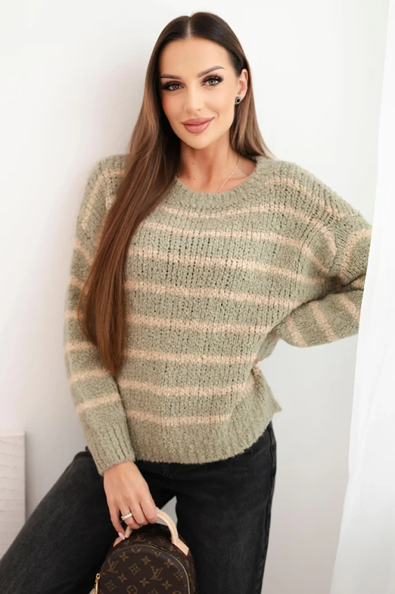 Women's loose-fitting striped sweater with wool khaki