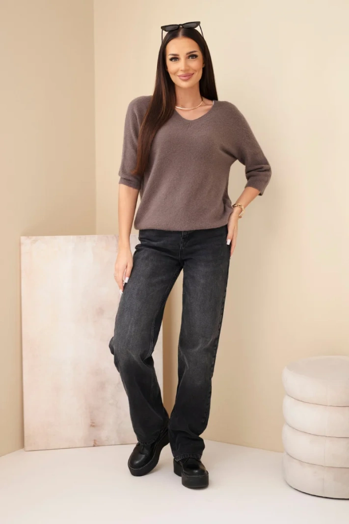 Damenpullover mit V-Ausschnitt und 3/4-Arm fango