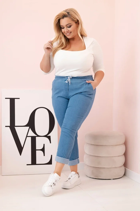 Women's Cotton Plus Size Trousers with Elastic Waist and Drawstring light denim