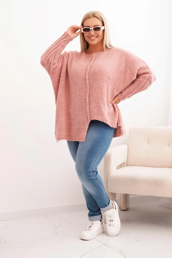 Dámsky sveter Plus Size z akrylom vo voľnom strihu a rukávom 3/4 tmavoružový