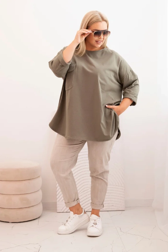 Dámská blůza Plus Size s bavlnou, kapsou a ohrnutým rukávem khaki