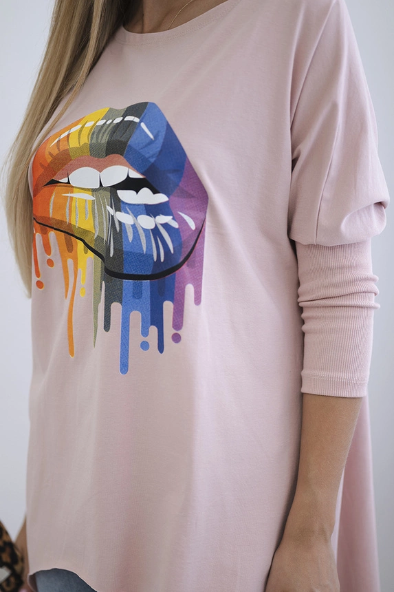 Oversize-Bluse mit Regenbogen-Lippen-Print dunkelpuderrosa