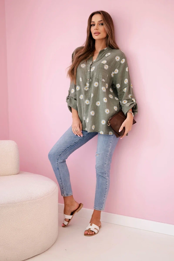 Linen Women's Blouse with Floral Pattern, Long Sleeves, and Buttons khaki