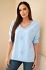 Women's cotton blouse with embroidered flowers and a V-neck blue