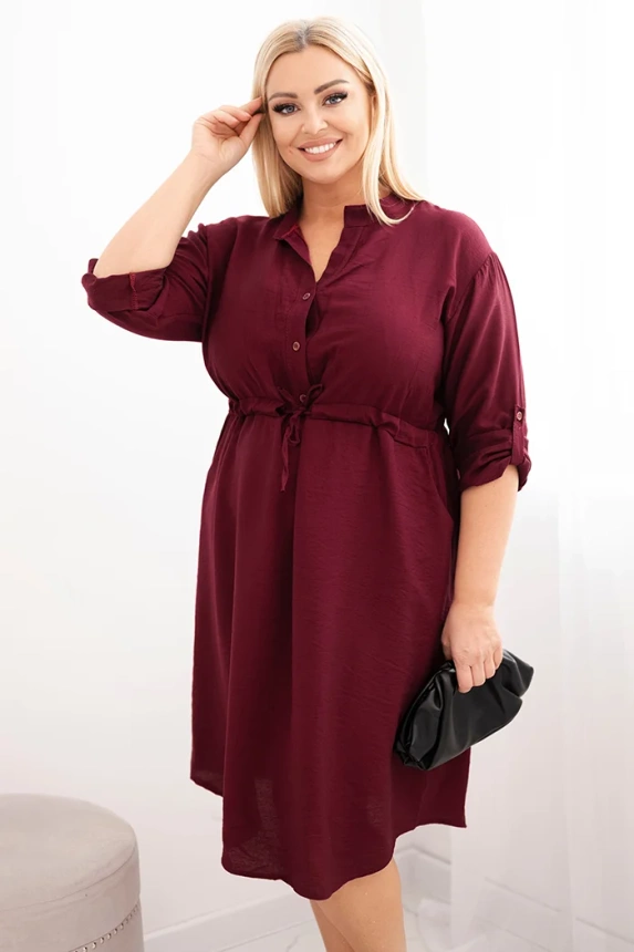 Dámské šaty z viskózy Plus Size s knoflíky a vázáním v pase bordová