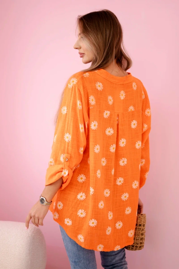 Linen Women's Blouse with Floral Pattern, Long Sleeves, and Buttons Orange