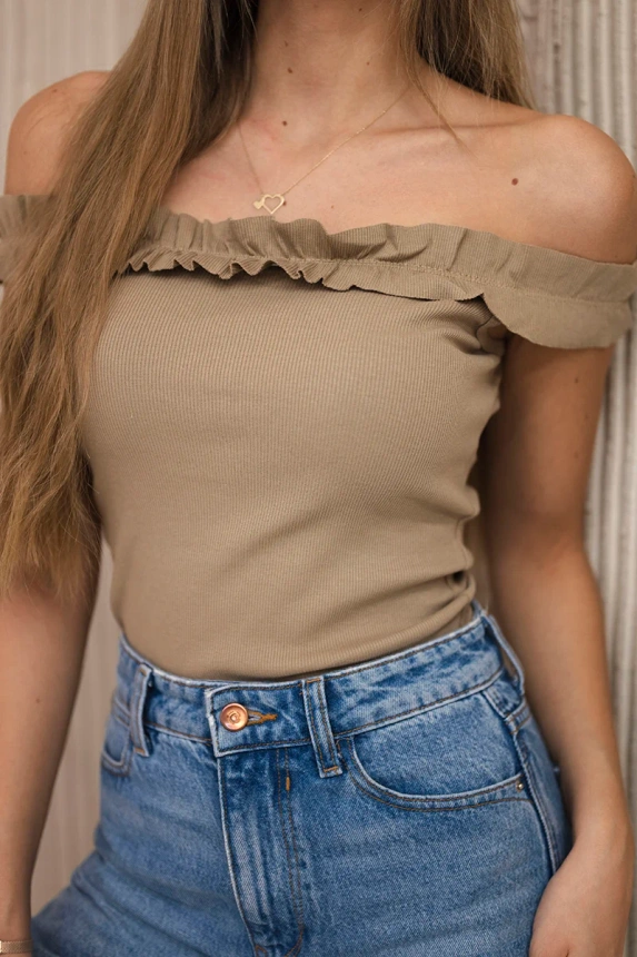 Off-the-shoulder blouse with frills camel
