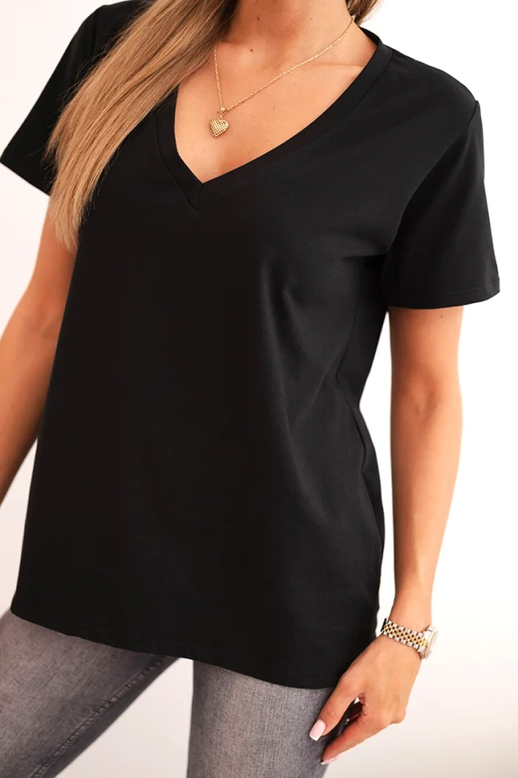 Women's cotton blouse with a V-neck and short sleeves black