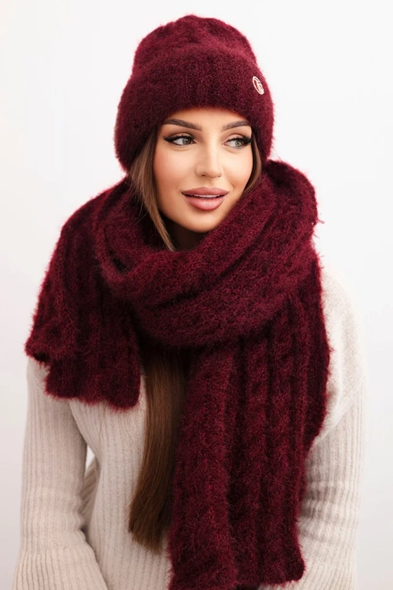 Women's set hat and scarf ribbed with decoration burgundy