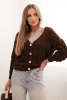 Women's openwork sweater with a V-neck and gold buttons brown
