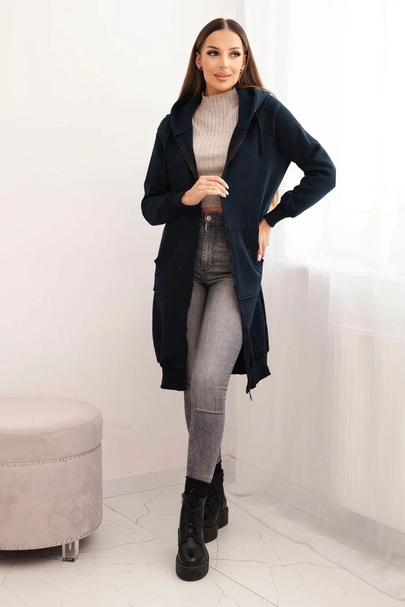 Long insulated sweatshirt with a hood navy blue
