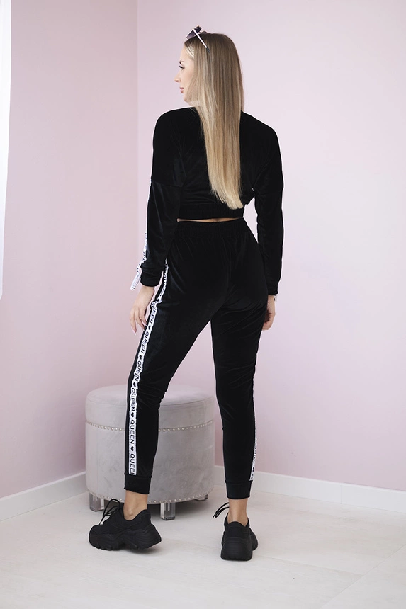 Veloursset mit Aufschrift Queen schwarz