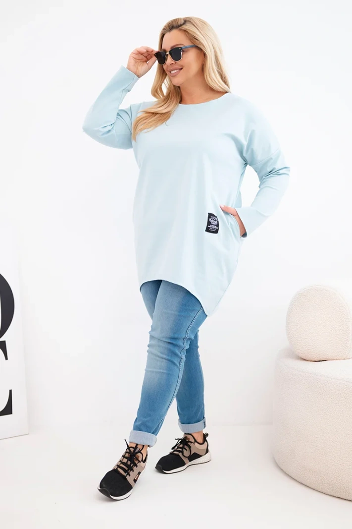 Bluzka damska Plus Size z dłuższym tyłem i długim rękawem ciemno miętowa