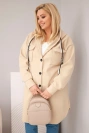 Dámský kabát Plus Size s kapucí zapínaný na knoflíky tmavě béžový