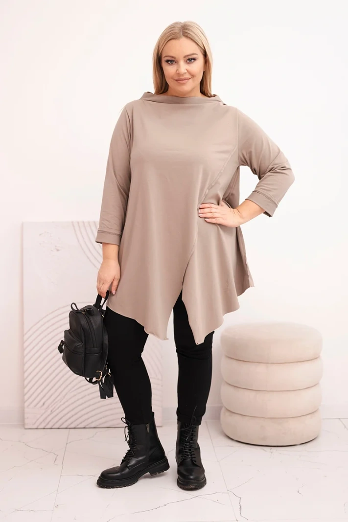 Dámska bavlnená blúzka Plus Size asymetrická s ohrnutým rukávom fango