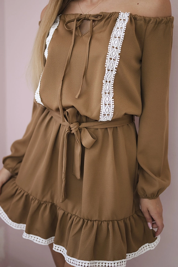 Off-the-shoulder dress and lace camel