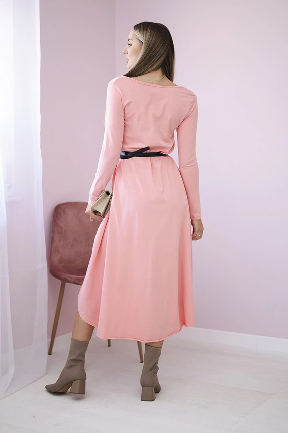 Dress with a decorative belt and an inscription apricot