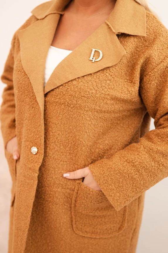 Dámsky kabát Plus Size baranok s vlnou a vreckami camelový